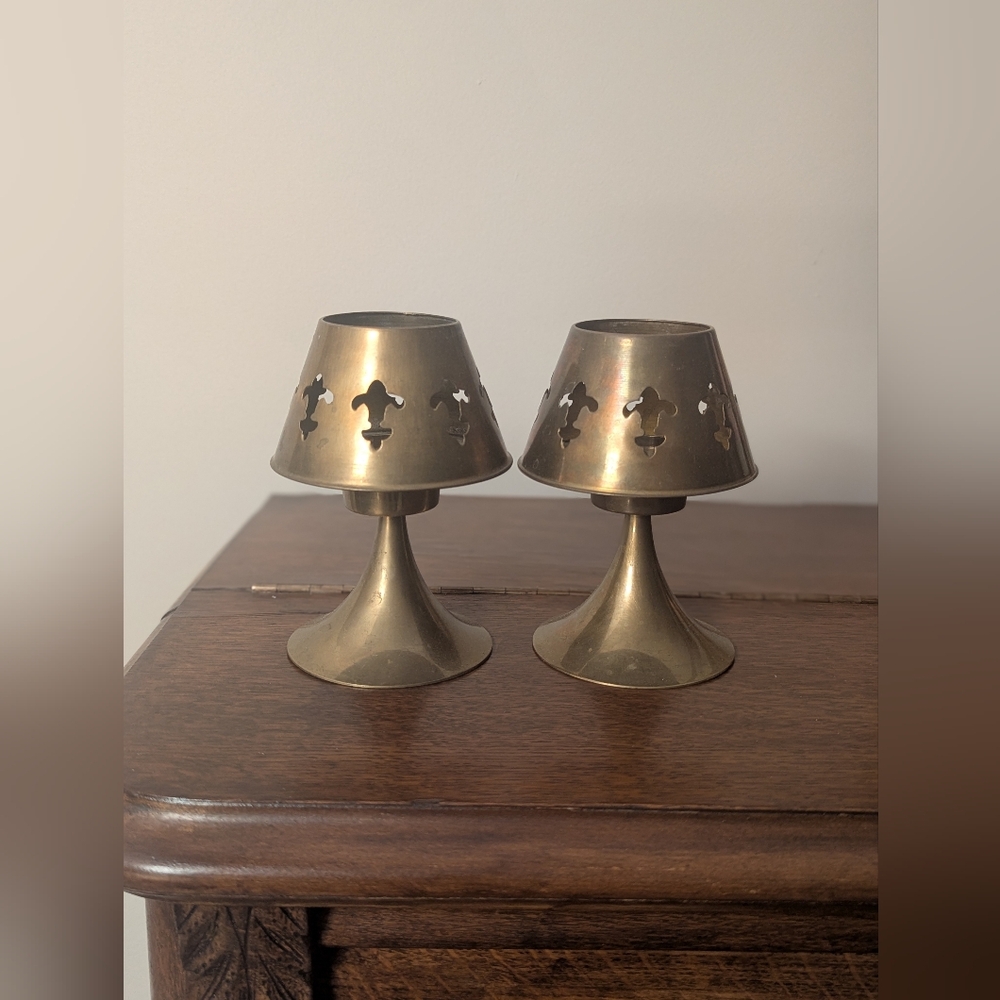 Solid Brass Fleur-de-Lis Tea Light Holders - Made in India - Set of 2